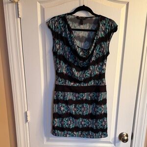 BCBGMaxAzria Black and Teal Patterned Cowl Neck Mini Dress